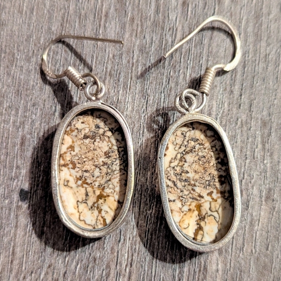 Picture Jasper Natural Stone Earrings Sterling Silver 925 Brown Black Fish Hook - Picture 4 of 12